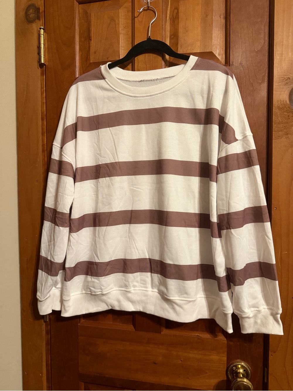 Women’s Striped Crewneck Sweater Set White with Brown Stripes and Jogger Bottoms